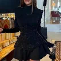 New Black Stitch Sequin Waisted Dresses Elegant Solid O Collar Long Dress With Sleeves Lady Sexy Slim Pleated Party Short Dress