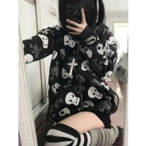 AltGoth Cyberpunk Y2k Sweatshirt Women Mall Goth Harajuku Skull Printed Long Sleeve Zipper Cardigan Hoodie Emo Alt Indie Clothes