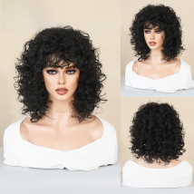 Natural Black Short Curly Hair Wig for Women Heat Resistant Synthetic Wig with Bangs Party Daily Use Afro Female Wig Hair