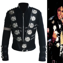 Impersonator Michael Jackson Costumes Jacket Stuff BAD Black With Silver Eagle Badges Punk Metal woolen Clothing