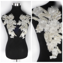 La Belleza white handmade beaded beautiful piece handmade3D flowers Rhinestone patch wedding dress applique accessories