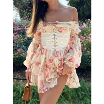 CHRONSTYLE Vintage Off Shoulder Long Sleeve A-Line Short Dress Women Fairy Elegant Square Neck Bandage Corset Mini Dresses Party