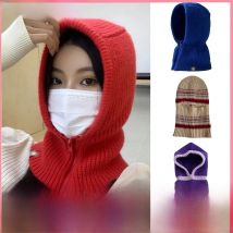 INS Winter Womens Hats Unisex Knitted Hooded Neck Collar Cap Beanie For Men Women Drawstring One-Piece Zipper Hats Balaclava Cap