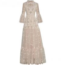 MoaaYina Fashion Designer dress Summer Women Dress 3/4 Flared sleeves Sequins Embroidery Mesh Maxi Party Dress