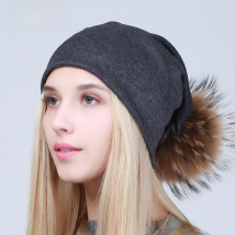 Geebro Women's Beanie Hat with Pompom Spring Cotton Beanies Hats with Raccoon Fur Pompon Skullies Balaclava Caps For Girls JS294