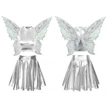 Elegant Women Elf Fairy Cosplay Shiny Dress Costume Sleeveless Crop Top with High Waist Flared Skirt And Butterfly Wings Set