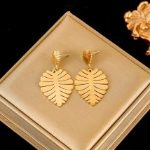 EILIECK 316L Stainless Steel Palm Leaf Dangle Earrings For Women Fashion 18K Gold Plated Waterproof Jewelry Gift Bijoux Серьги
