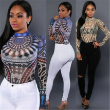 Vintage Women Bodysuits Ethnic Sexy Long Sleeve Shirt Jumpsuit Bodysuit Stretch Leotard Slim Print Bodycon Summer Bodysuit Tops
