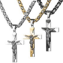 6mm Flat Byzantine Chain Necklace For Men's Neck Jewelry Stainless Steel Silver Gold Black Color Jesus Cross Pendant