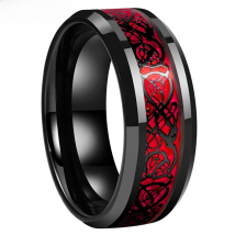 6mm 8mm Mens Womens Black Tungsten Carbide Ring Wedding Band Polished Shiny Red Opal Dragon Inlay Comfort Fit with Beveled Edges