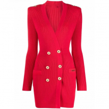 HarleyFashion Christmas Red Knitting Sheath Dresses Deep V-neck Chain Applique Stretchy Wool Blend Quality Party Street Dress