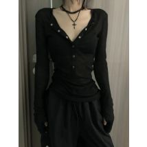 Early Autumn New All-match T-shirt for Women Simple V-neck Single Breasted Tops Mujer Y2k Slim Fit Long Sleeve Tee Shirt