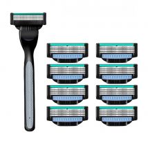 ( 1Handle + 9 Blades ) Men's Razor Blade With Aloe Vera Strip Rubber Manual Safety Shavers Replacement Heads Mach 3