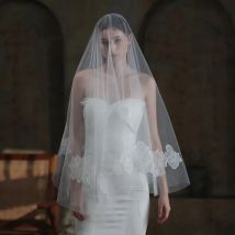 V855 Elegant Wedding Bridal White Lace Veil One-Layer Tulle Appliqued Brides Covering Face Headdress Veil