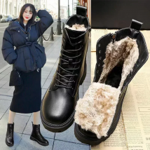 Waterproof Winter Snow Boots Women 2025 Plus Velvet Thick Cotton Women Shoes Black Leather Warm Platform Women's Ankle Boots