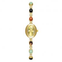 Women's watch Vintage Natural Colorful Jade Bracelet Wristwatches Clock,Luxury Elegant Small Oval Dial Quartz Watch Waterproof
