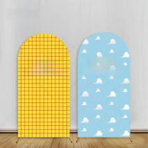 Happy Birthday Arch Backdrop Cover Blue Sky White Cloud Boy 1st Cake Party Decor Yellow Check Red Stripe Photography Background