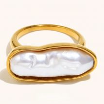 La. Muses Irregular Long Imitation Pearl Stainless steel Women's Ring Fashionable Waterproof 18K Gold-plated Jewelry Gift