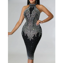 Women Sexy Halter Sleeveless Rhinestone Decor Bodycon Dress Back Zipper Slim Night Club Dresses Vestido