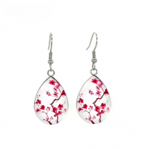 Chinese plum blossom Flower Pattern Tear Drop Dangle Earrings Glass Cabochon Handmade Craft Jewelry