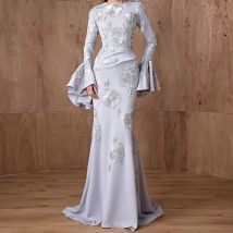 Maßgeschneiderte exquisite 3D-Blumen Promi-Kleider Zarte Meerjungfrau mit langen Ärmeln Abendkleid Elegant O-Ausschnitt Jersey Robe de Soirée