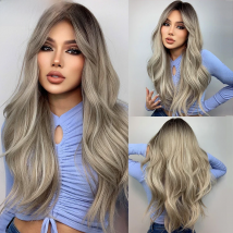 GEMMA Long Wavy Black Brown Gray Ash White Ombre Synthetic Wig with Bangs Cosplay Daily Party Wig for Women Heat Resistant Hair