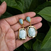 Y·YING natural Green Amazonite Rectangle Teardrop Shape gold color plated  Stud Earrings office for women