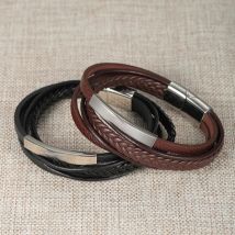 Customize EngraveName Leather Bracelets for Men Glossy Stainless Steel Layered Braided Bangle Personalized DAD Husband Christmas