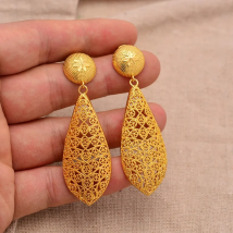 24K Fashion  Earrings For Women Yellow Gold Color Rarrings Vintage Long drops Round Hollow Jewelry Ethnic Wide Female Earrings