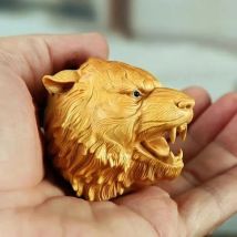 Wooden Animal Tiger Head Decor Hang Up Statue-Solid Wood Art Carving Keychain  High Quality Home Ornament Collection Gift