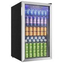 Frigorífico para bebidas con puerta de cristal para 126 latas, estantes ajustables para cerveza/vino, hogar/bar/oficina, acero inoxidable plateado