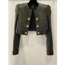 Luxurious gold double breasted short open leather jacket winter women's clothing fashionable round neck black jacket coat