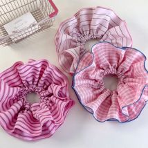 2025 Pink Stripes Ruffles Hair Scrunchies Headbands for Women Girls Sweet Romance Hair Rope Tie Horsetail Rubber Band Headdress