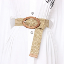 New designer good wooden buckle elastic grass woven belt for ladies holiday wind seaside bohemian ethnic elastic woven belt