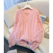 MEXZT Harajuku Sweater Women Fashion Oversized Pink V Neck Knitted Pullovers Korean Long Sleeve Knitwear Winter Casual Jumpers