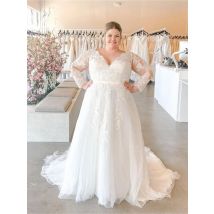 Plus Size Brautkleider mit V-Ausschnitt, Vintage-Stil, lange Ärmel, Applikationen, rückenfrei, A-Linie, Garten-Brautkleid, Vestido de Novia