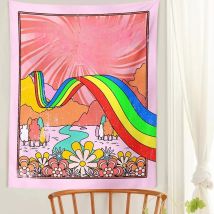 70s Here Comes The Sun Wall Art Tapestry Wall Hanging Retro Rainbow Sun and Moon Vintage Sunshine Tapestries Art Home Decor