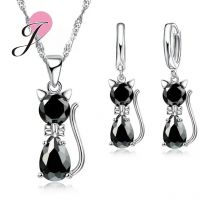Fast Shipping Retail Romantic Engagement Silver Cute Cat Jewelry Sets Necklace Earrings With Austrian Crystal For Women