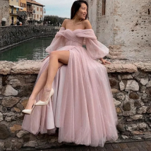Bafftafe Customized Pink Shiny Tulle Prom Dresses Off Shoulder Long Puff Sleeve Evening Party Gowns Slit Women Wedding Dress