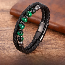 Fashione Mens Jewelry Charm Round Stone Bracelet For Men Colourful Tiger Eye Beads Black Leather Rope Chain Bangles Homme Gifts