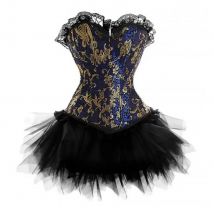 Vintage Brocade Overbust Corset Dress Halloween Burlesque Bustier Skirt Costume Sexy Gothic Black Blue Bodices
