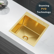 Lavello in acciaio inossidabile PVD Gold 40x50 cm – Ciotola singola con tubo di scarico, foro per rubinetto, design X-Drain per un flusso d'acqua veloce