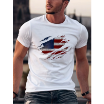Men's Summer Casual Loose Size 100% Cotton Trendy American Flag Pattern Print Round Neck Short Sleeve T-shirt Top