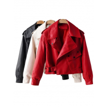 Fitaylor New Autumn Women Faux Leather Jacket Pu Motorcycle Biker Red Coat Turndown Collar Loose Streetwear Black Punk Outerwear