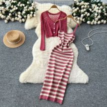 2025 New Solid Two piece set Hook flower hollow striped sweet Dress Women Fashion Summer Skirt  women clothing