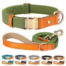 Customized Dog Collar Leash Set Nylon Leather Pet ID Necklace Anti-Lost Buckle Collars With Lead Rope For Small Large Dogs Pug