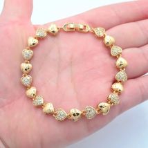 Fashion Gold Color Clear CZ Laser Carved Love Hearts Link Bracelet for Women