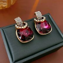Purple Inlaid Rhinestone Square Geometric Earrings for Women European and American Light Luxury Temperament Wedding  Jewelry