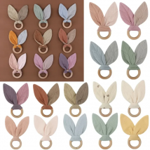 New Natural Beech Wood Baby Teether Safety Cotton Bunny Ears Rodent Sensory Rattle Toy Newborn Teething Ring Chewing Teether