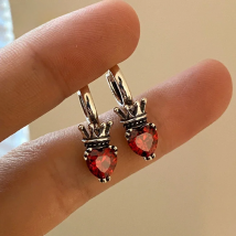 OIMG Silver - Plated Vintage Thai Silver Crown Love Heart Hoop Earrings For Women Crystal Red Gem Earring Trendy Jewelry